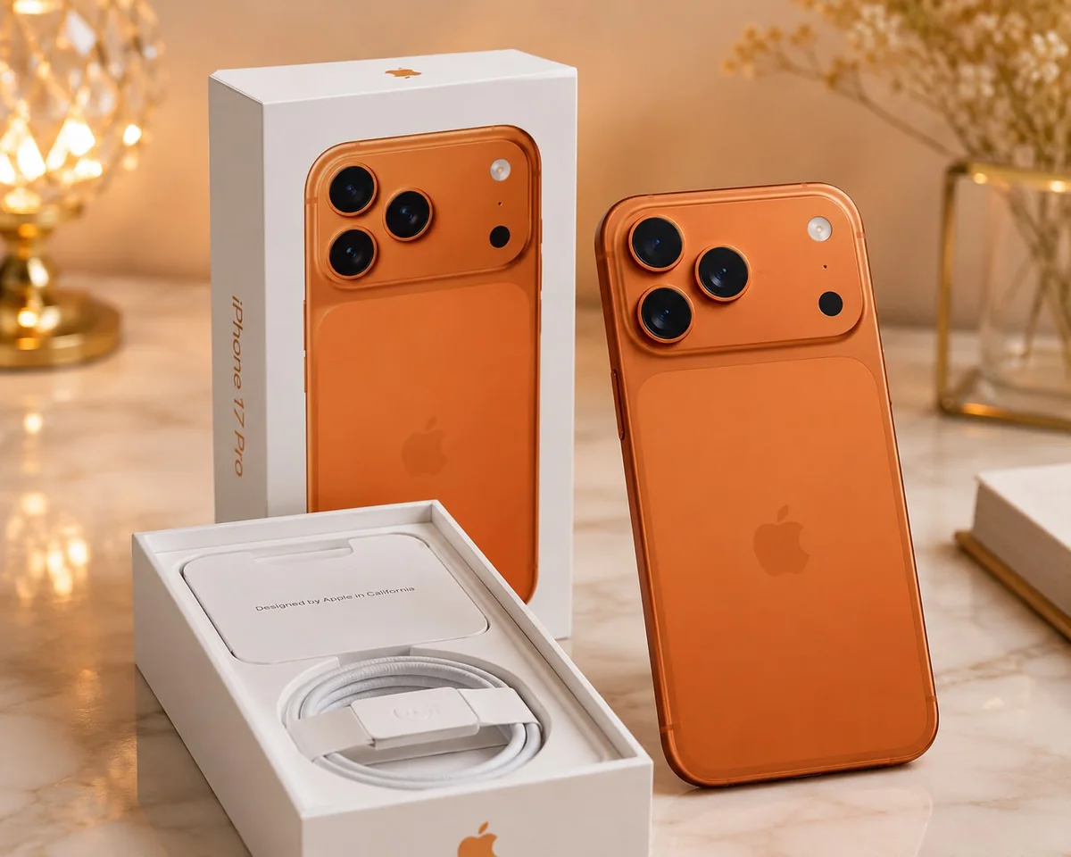 iPhone 17 Pro laranja, novo e apresentado com a embalagem